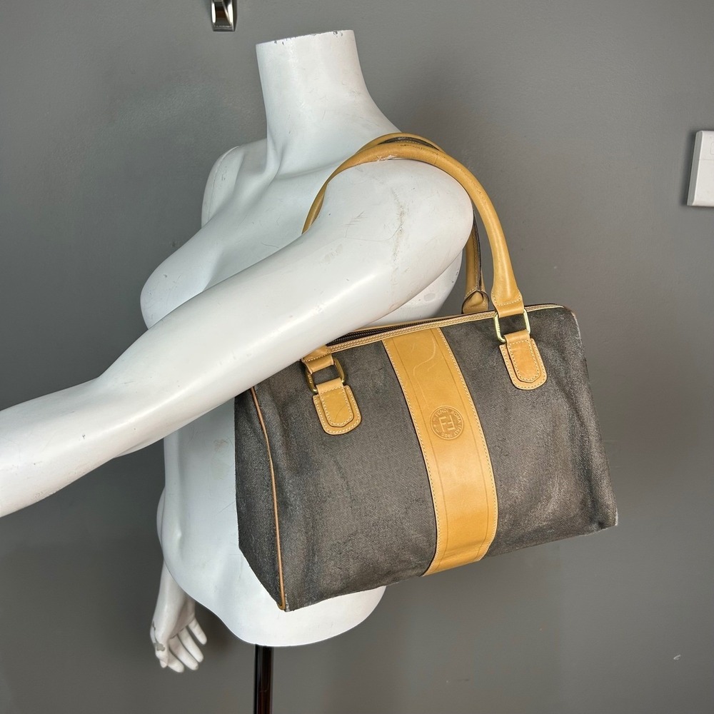 VTG Fendi Boston Bag Italy Doctor Satchel Grey Canvas Tan Leather Authentic READ